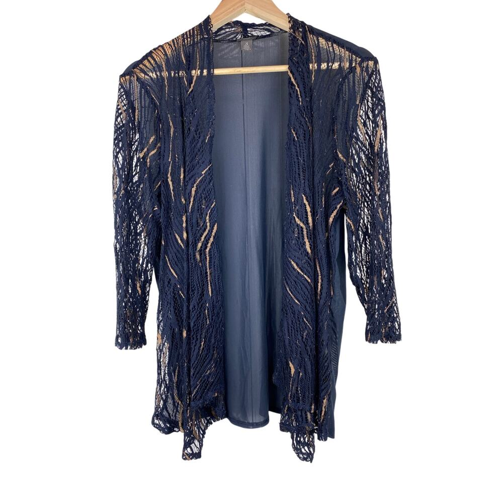 Chico's Travelers Collection 3 Blue Gold Sheer Open Lace Boho Cardigan Duster